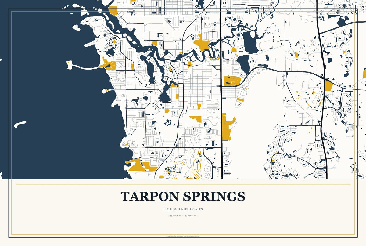 Tarpon Springs, Florida City Map Aluminum Sign in Citrine Modern style
