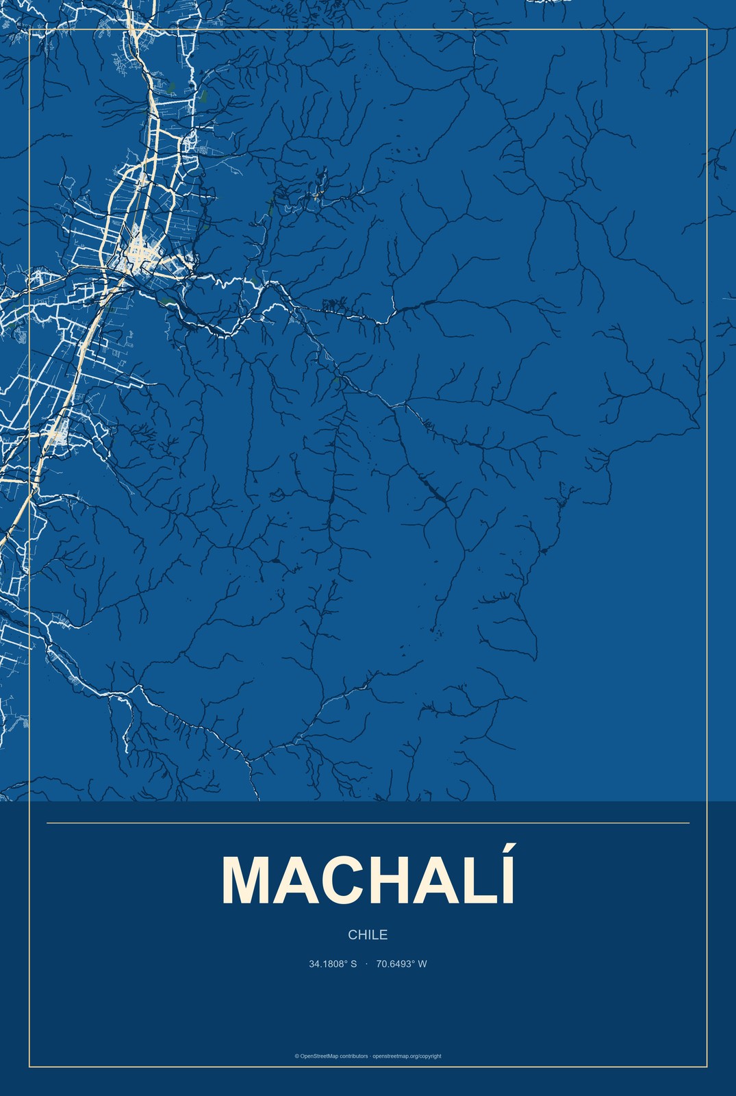 Machalí, Chile City Map Aluminum Sign in Harbor Cobalt style
