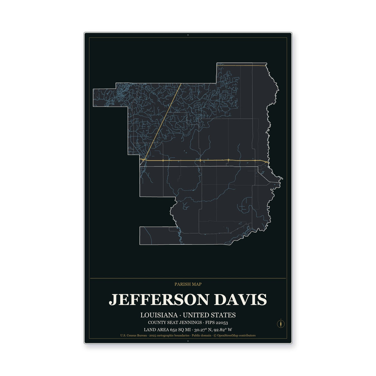 Jefferson Davis Parish, Louisiana Map Aluminum Sign in Metropolitan Noir style