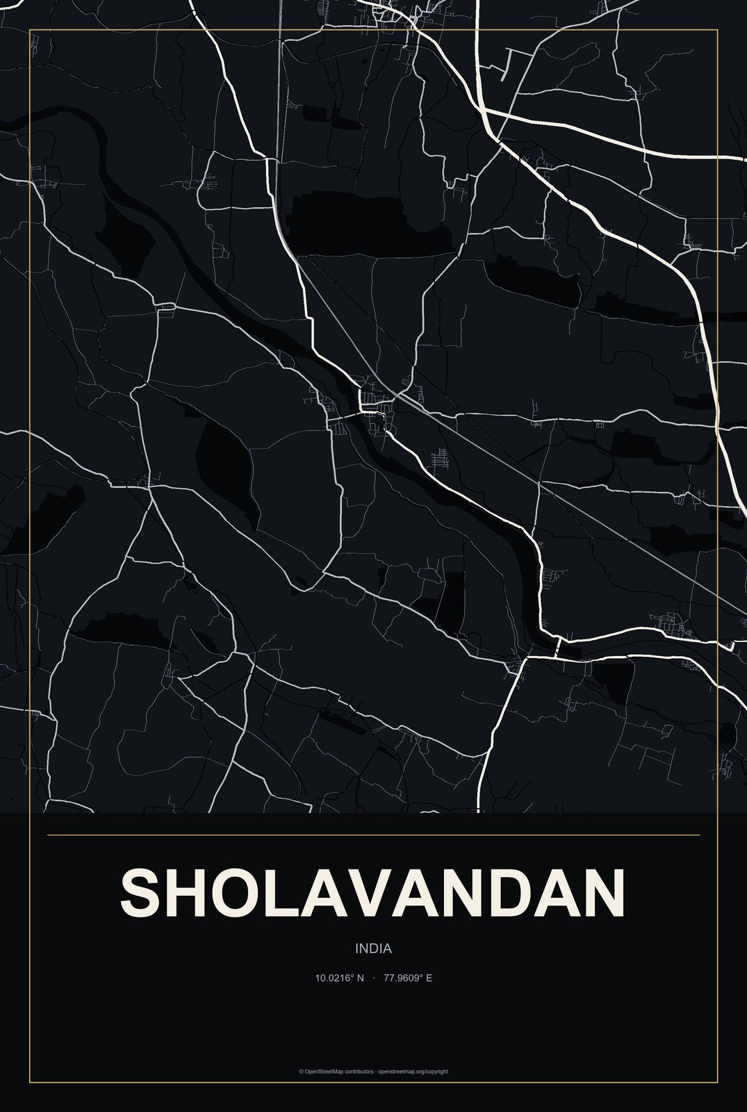 Sholavandan, India City Map Aluminum Sign in Metropolitan Noir style