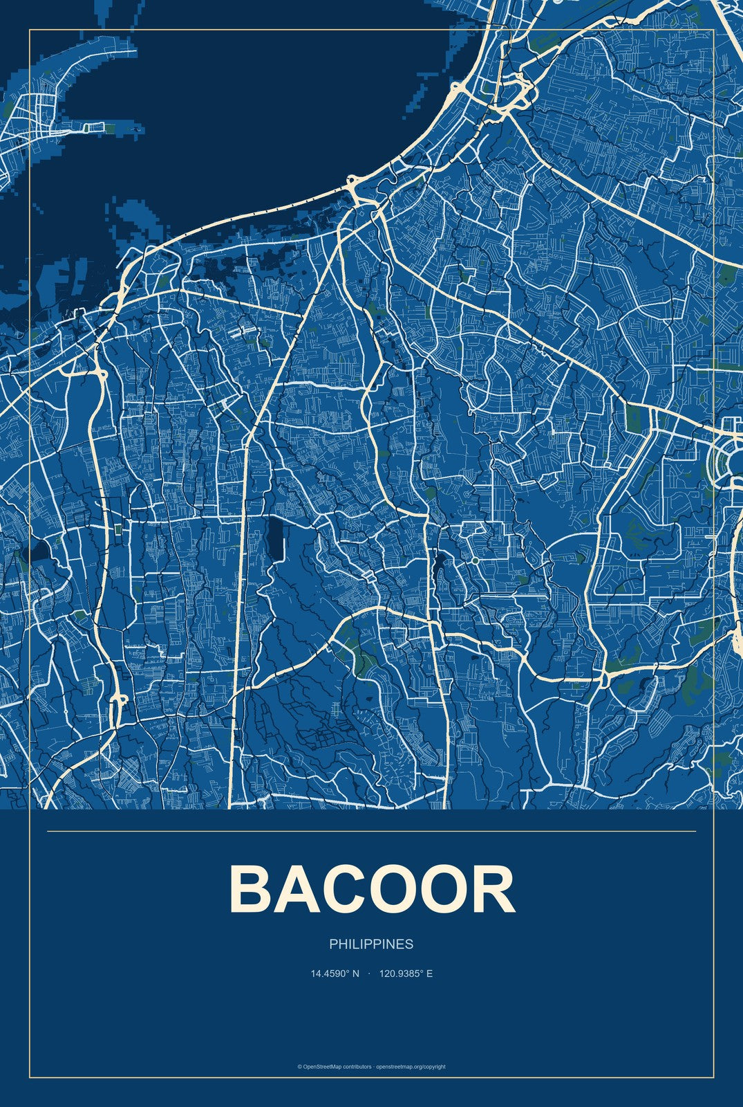 Bacoor, Philippines City Map Aluminum Sign in Harbor Cobalt style