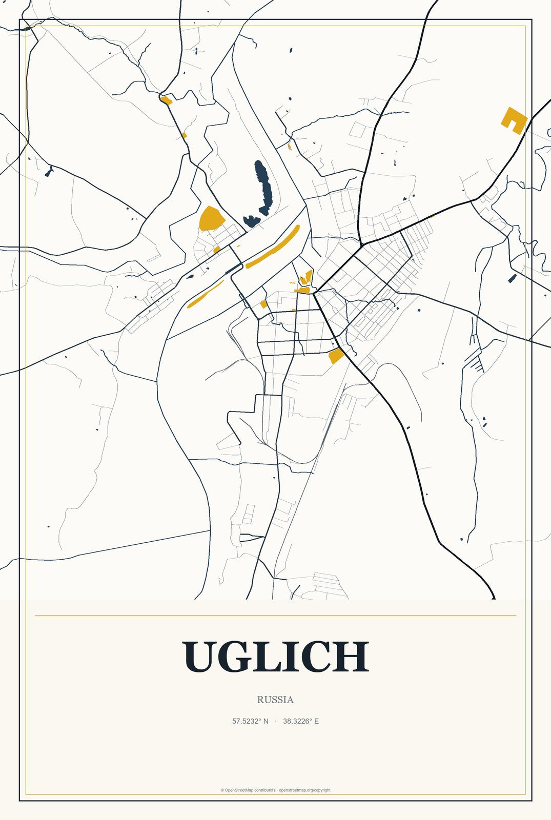 Uglich, Russia City Map Aluminum Sign in Citrine Modern style