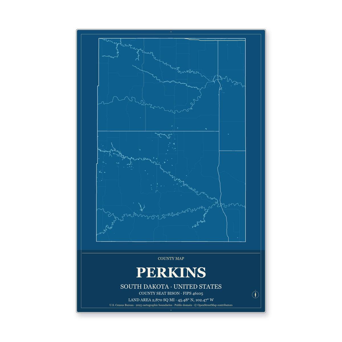 Perkins County, South Dakota Map Aluminum Sign in Harbor Cobalt style
