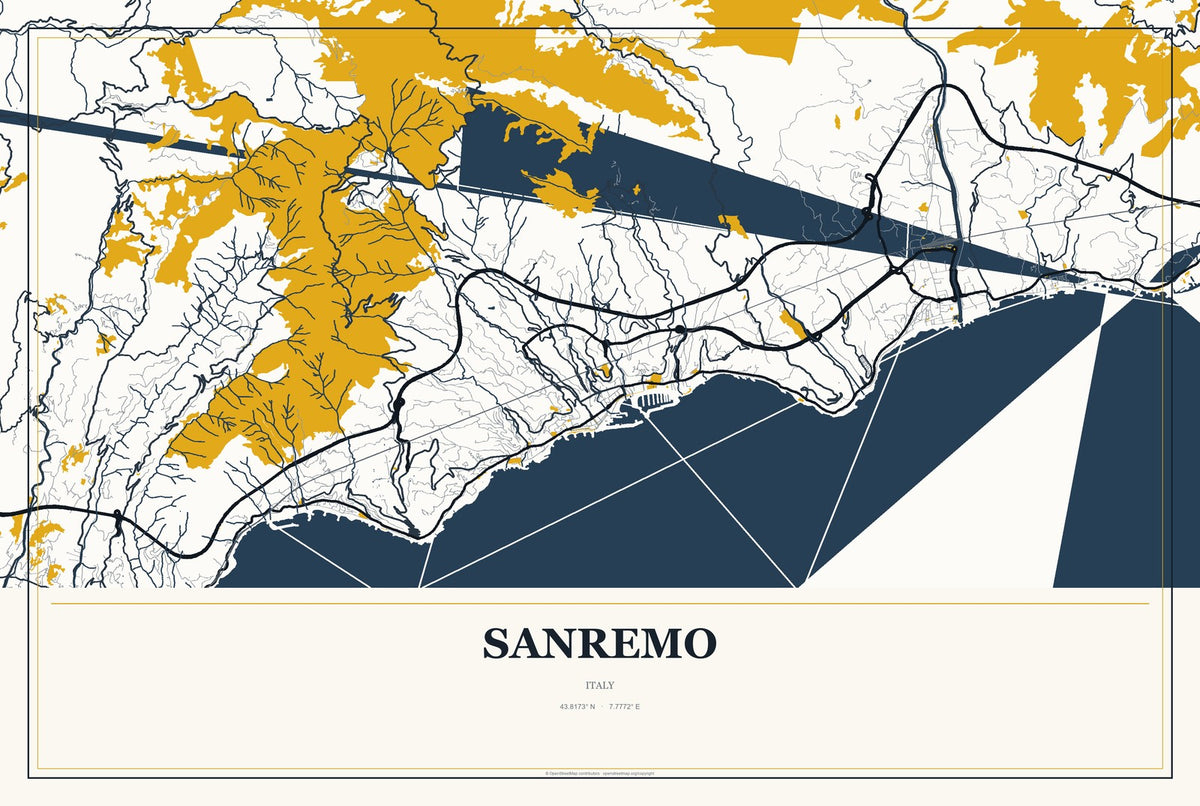 Sanremo, Italy City Map Aluminum Sign in Citrine Modern style