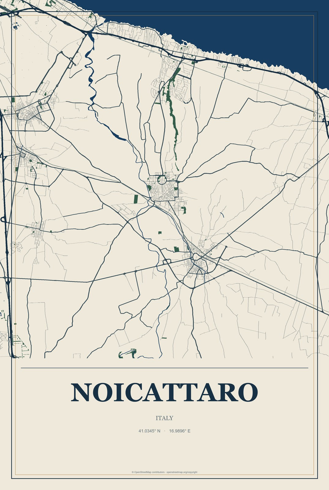 Noicattaro, Italy City Map Aluminum Sign in Coastal Cutout style