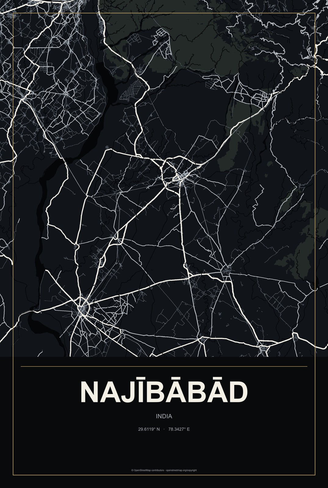 Najībābād, India City Map Aluminum Sign in Metropolitan Noir style