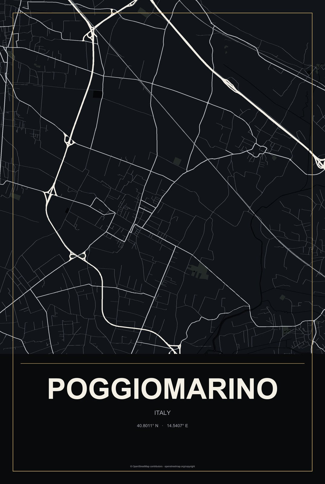 Poggiomarino, Italy City Map Aluminum Sign in Metropolitan Noir style