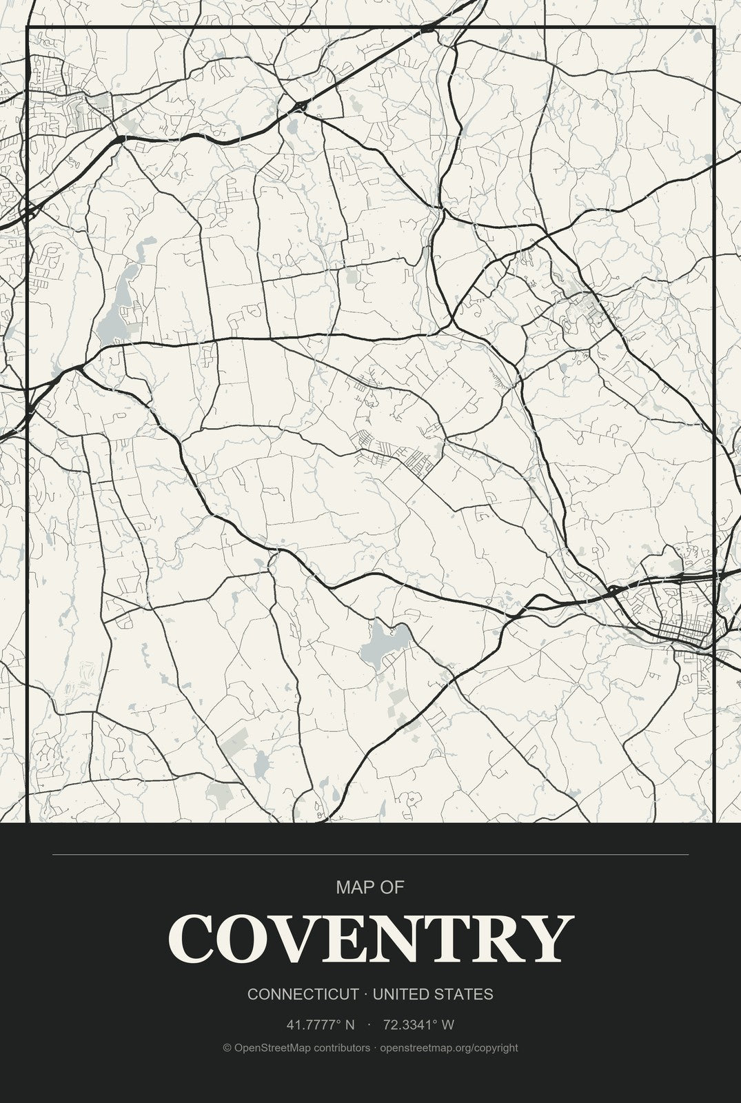 Coventry, Connecticut City Map Aluminum Sign in Museum Plaque style