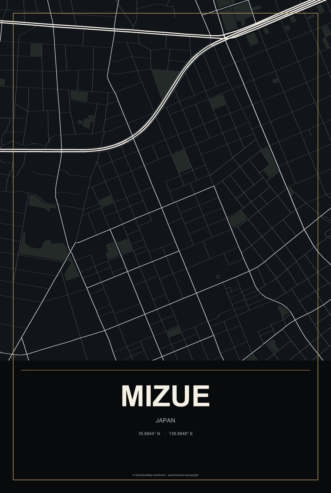 Mizue, Japan City Map Aluminum Sign in Metropolitan Noir style