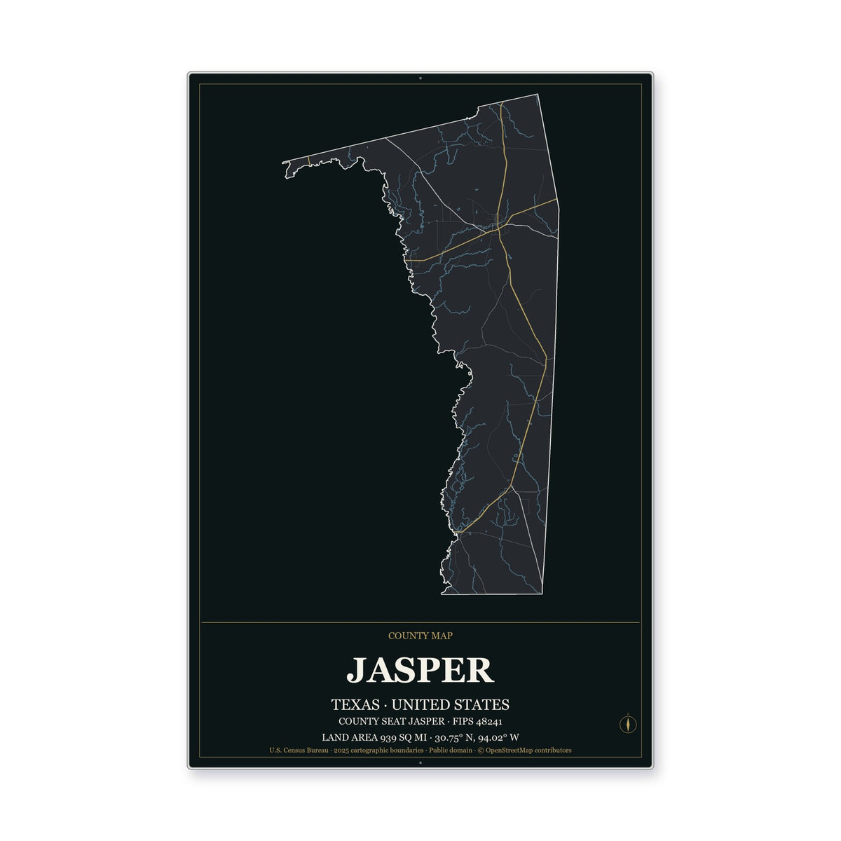 Jasper County, Texas Map Aluminum Sign in Metropolitan Noir style