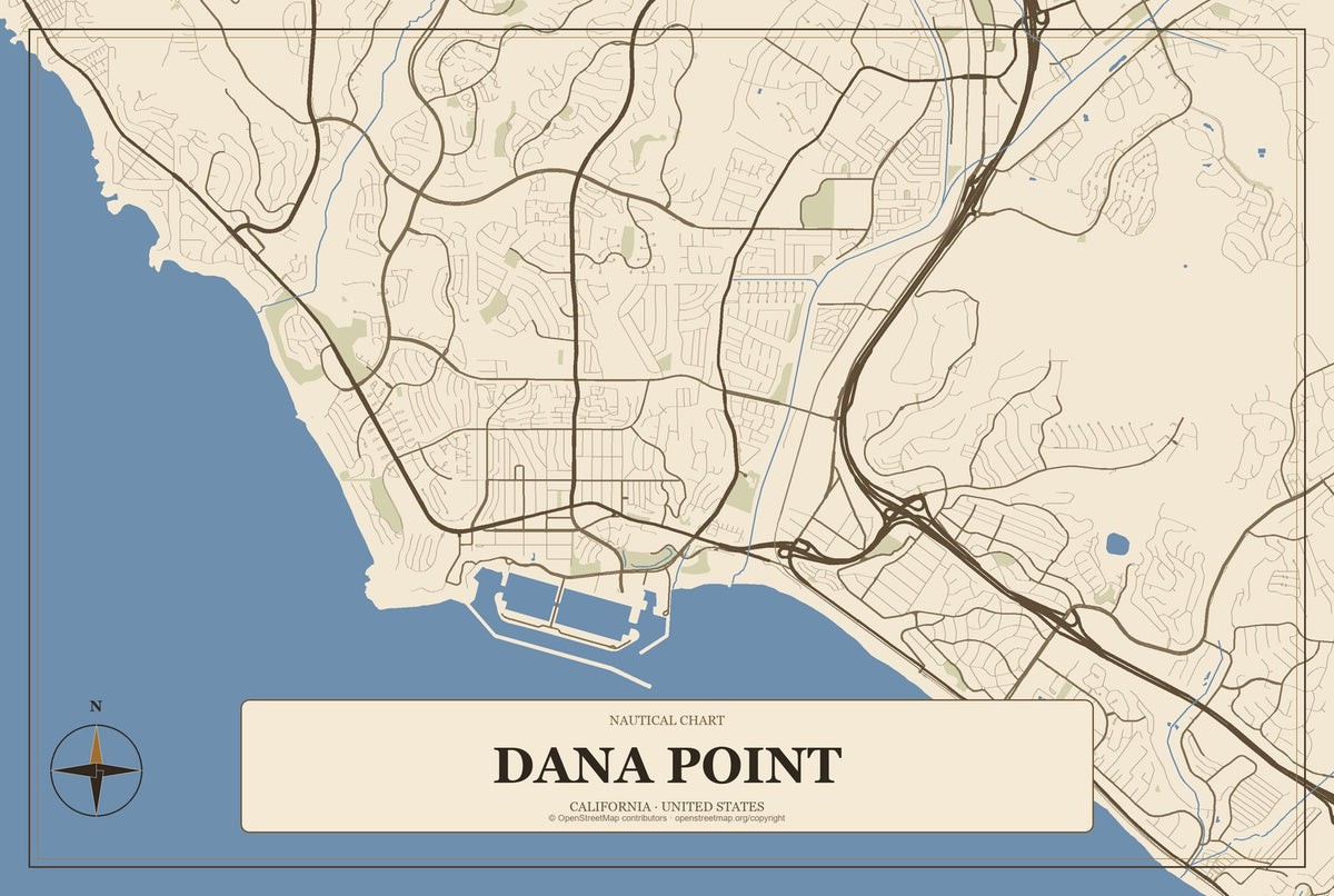Dana Point, California City Map Aluminum Sign in Heritage Nautical style