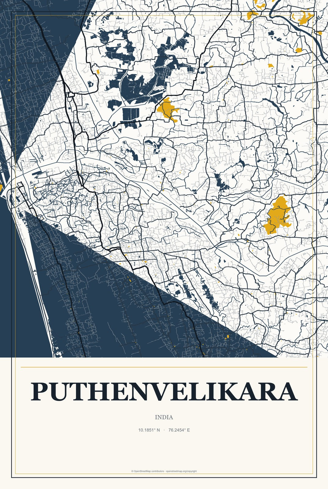 Puthenvelikara, India City Map Aluminum Sign in Citrine Modern style