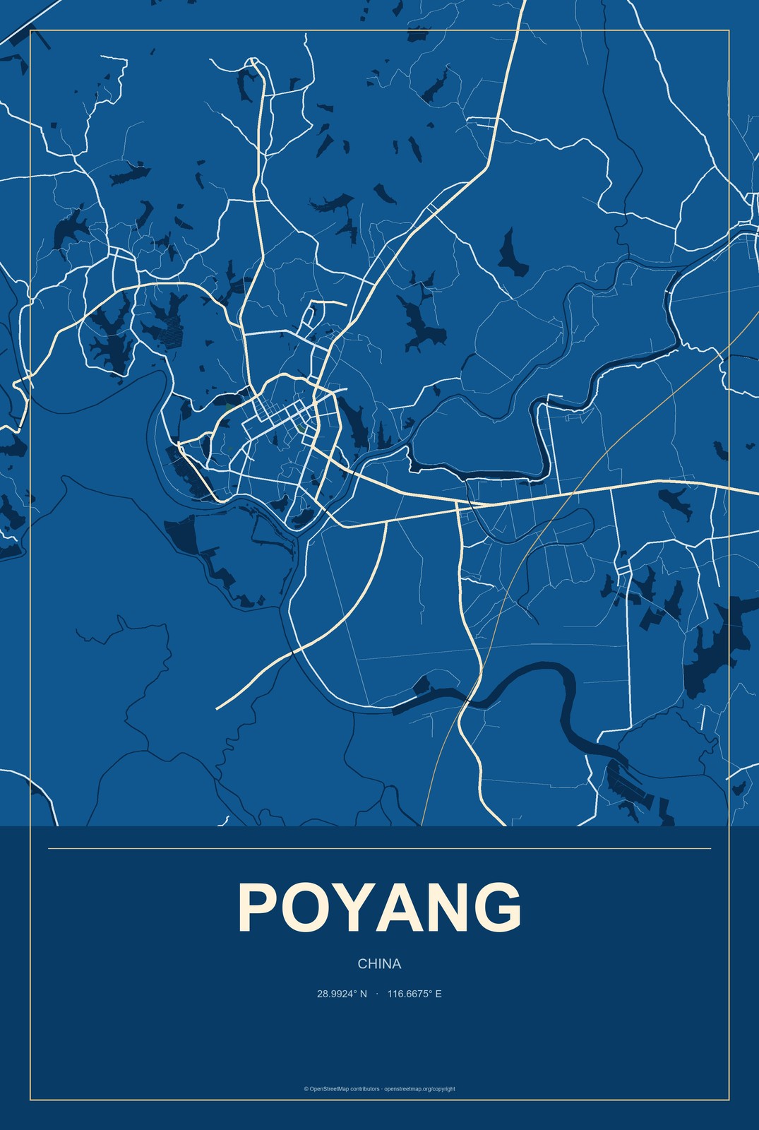 Poyang, China City Map Aluminum Sign in Harbor Cobalt style
