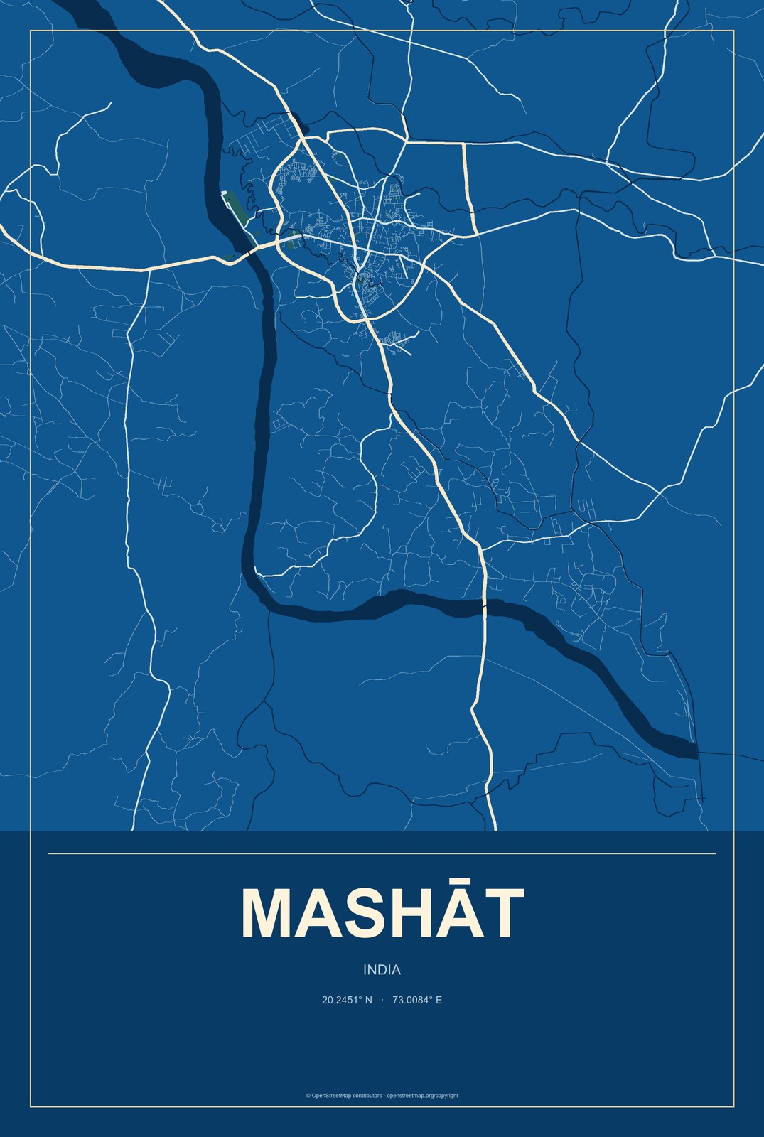 Mashāt, India City Map Aluminum Sign in Harbor Cobalt style