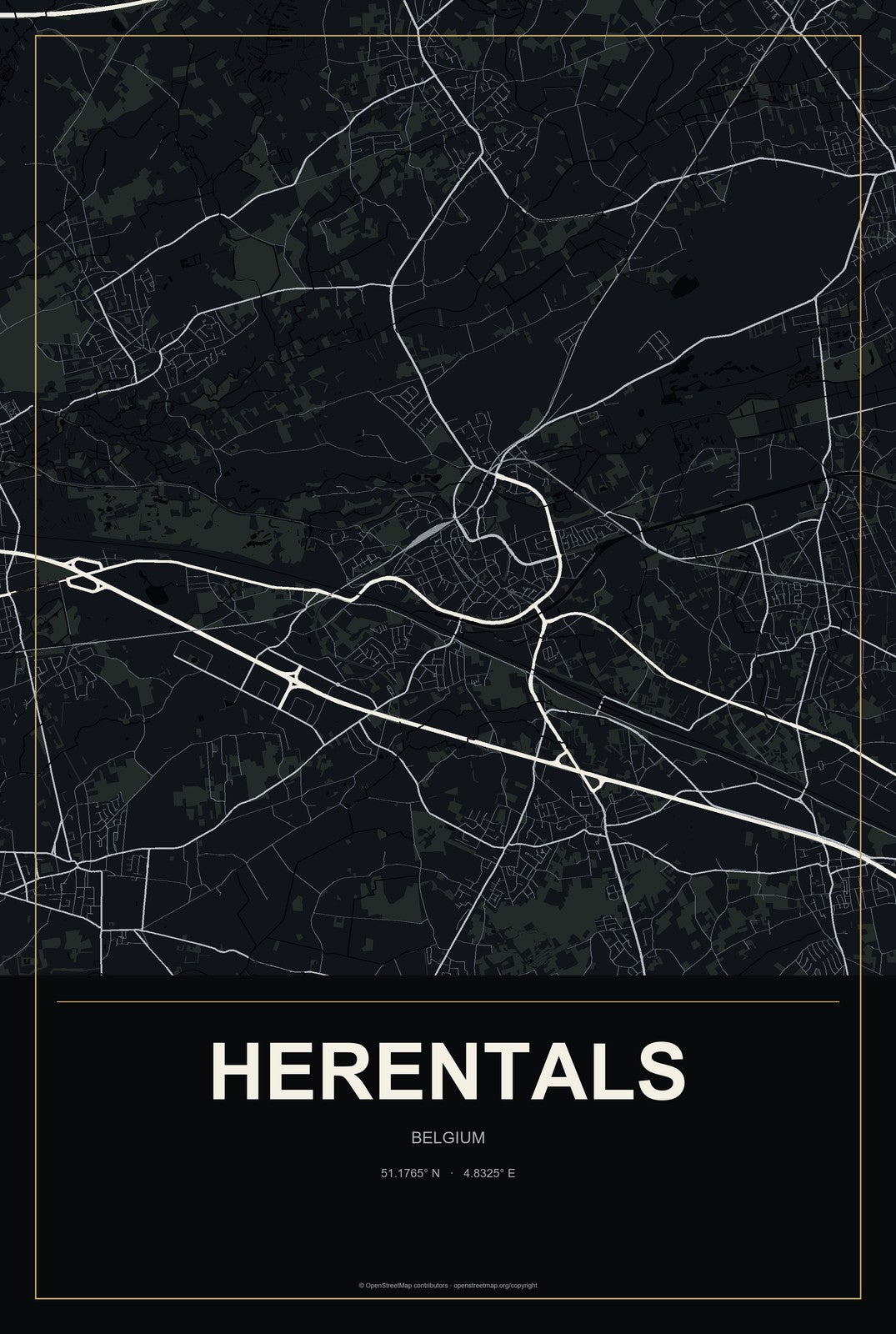 Herentals, Belgium City Map Aluminum Sign in Metropolitan Noir style