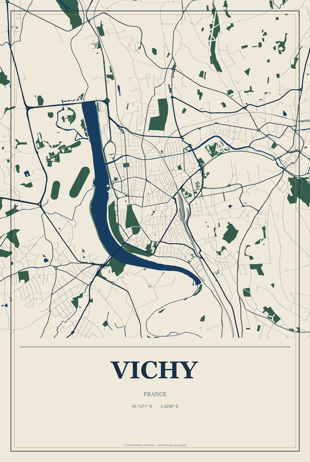 Vichy, France City Map Aluminum Sign in Coastal Cutout style