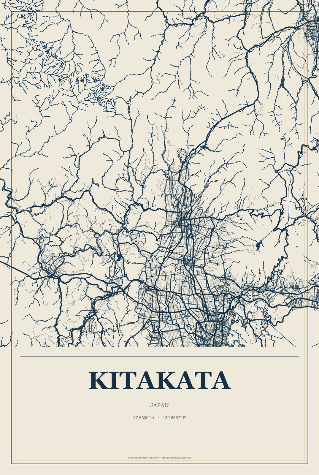 Kitakata, Japan City Map Aluminum Sign in Coastal Cutout style