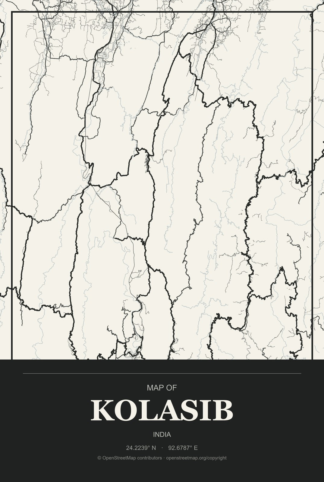 Kolasib, India City Map Aluminum Sign in Museum Plaque style