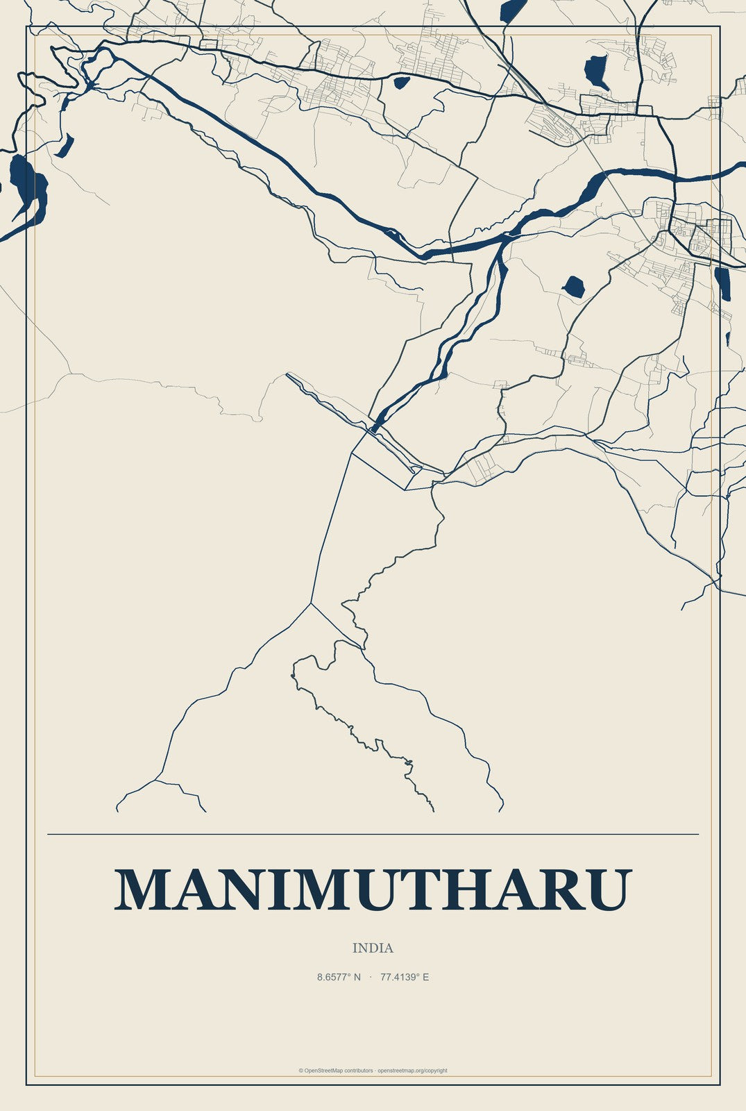 Manimutharu, India City Map Aluminum Sign in Coastal Cutout style