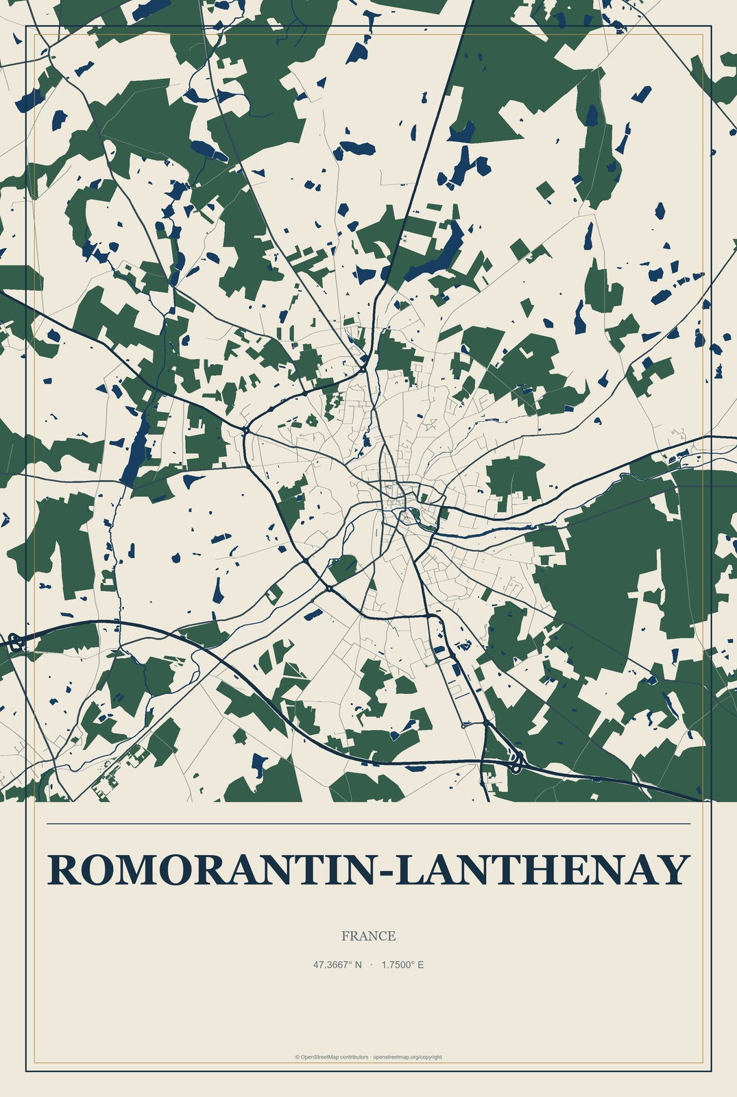 Romorantin-Lanthenay, France City Map Aluminum Sign in Coastal Cutout style