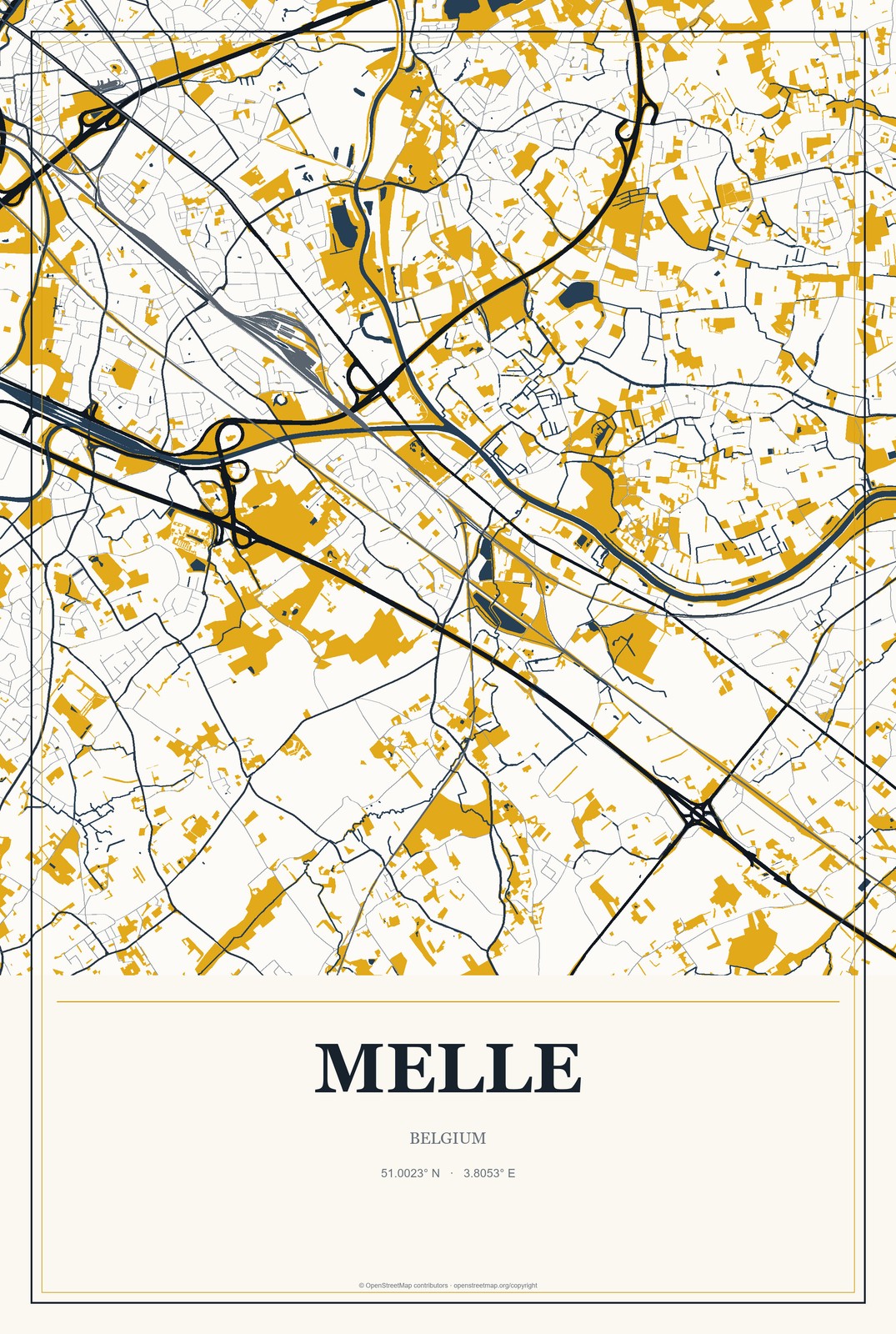 Melle, Belgium City Map Aluminum Sign in Citrine Modern style