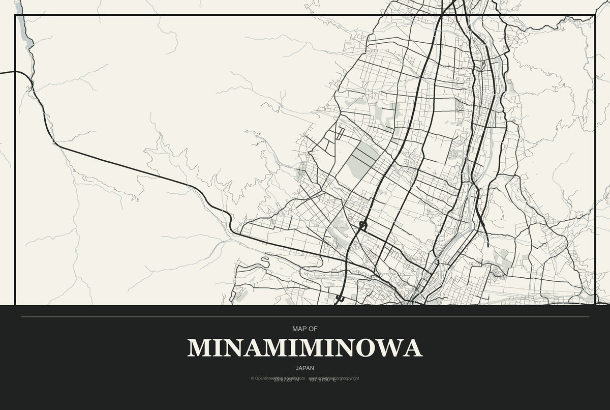 Minamiminowa, Japan City Map Aluminum Sign in Museum Plaque style