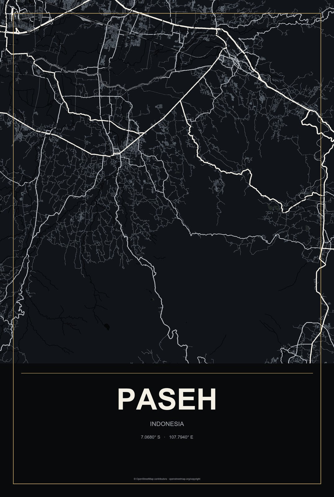 Paseh, Indonesia City Map Aluminum Sign in Metropolitan Noir style