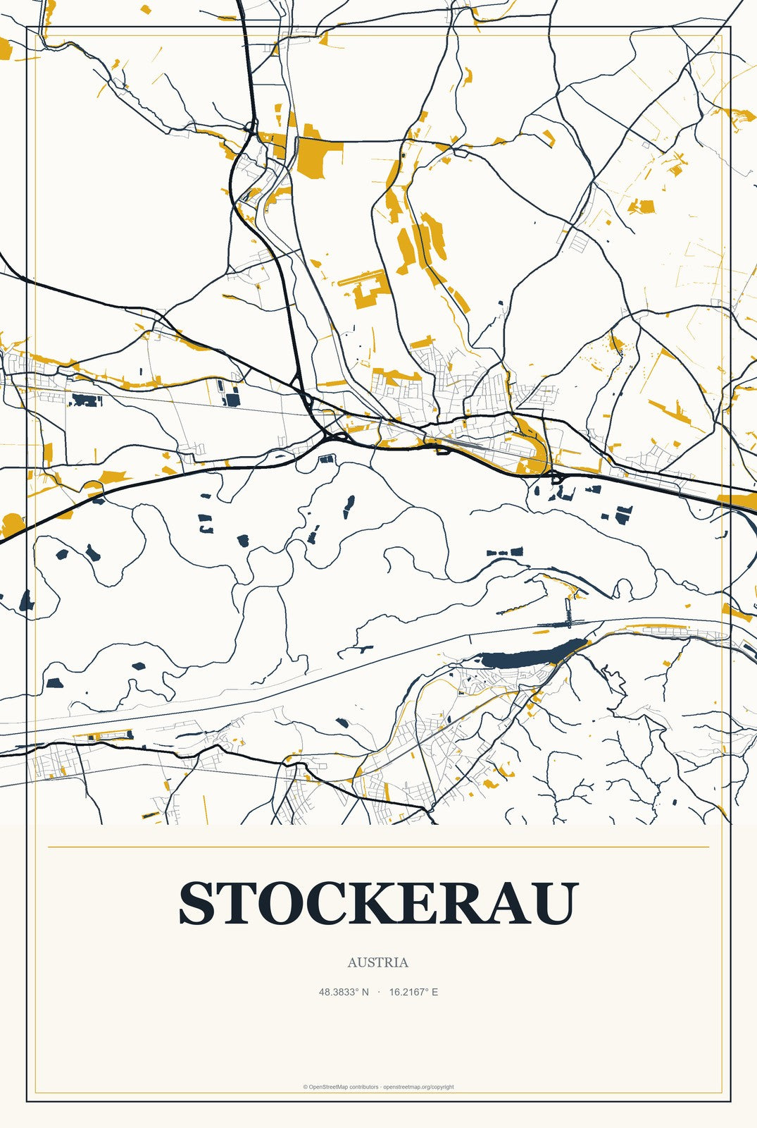 Stockerau, Austria City Map Aluminum Sign in Citrine Modern style