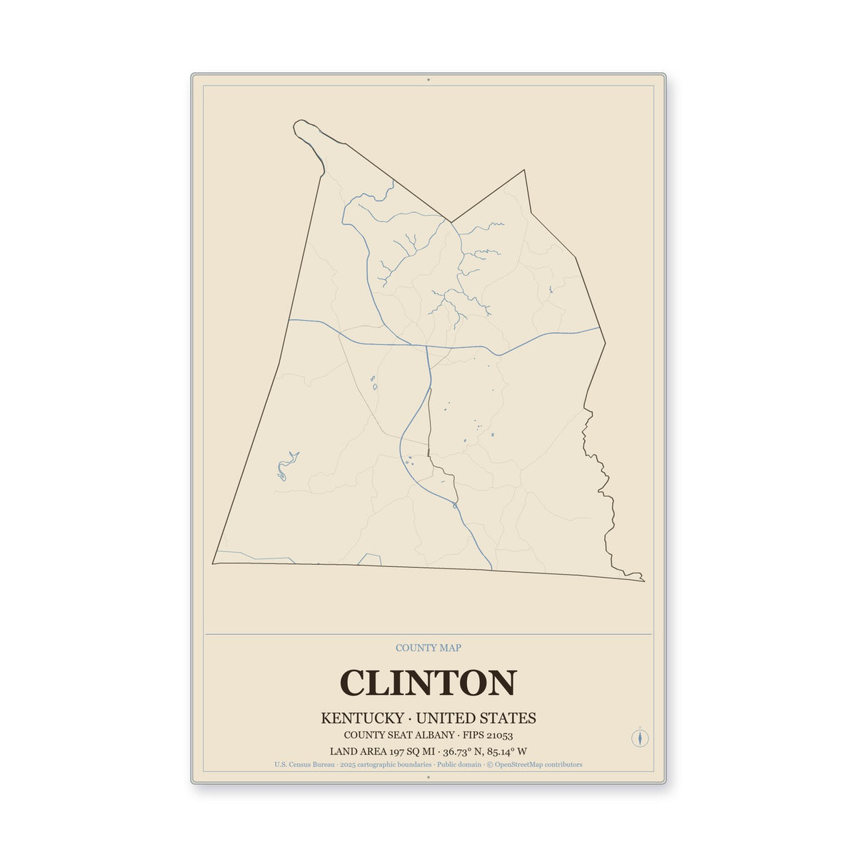 Clinton County, Kentucky Map Aluminum Sign in Heritage Nautical style