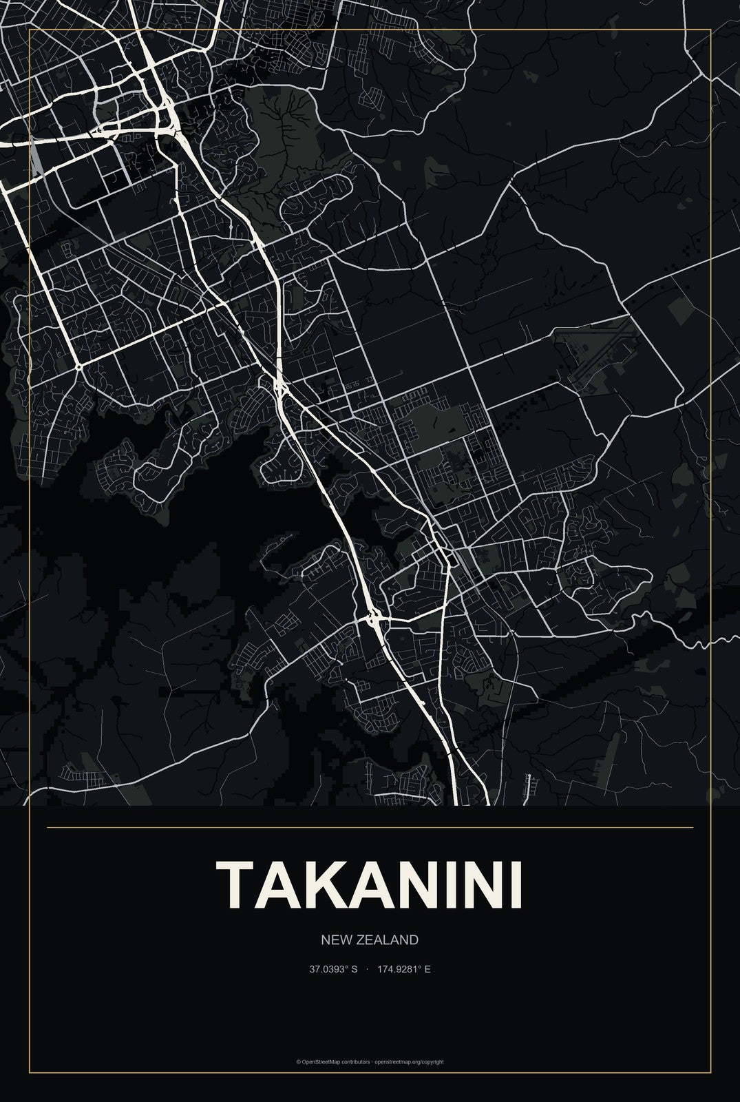 Takanini, New Zealand City Map Aluminum Sign in Metropolitan Noir style