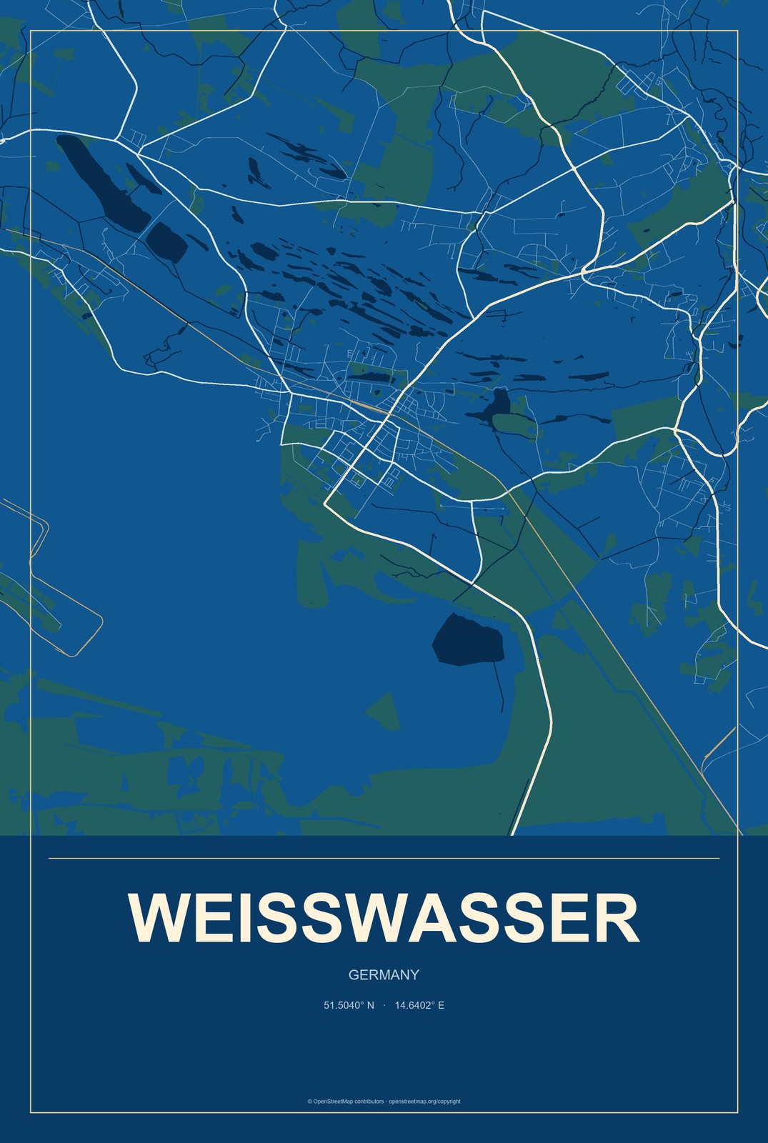Weißwasser, Germany City Map Aluminum Sign in Harbor Cobalt style