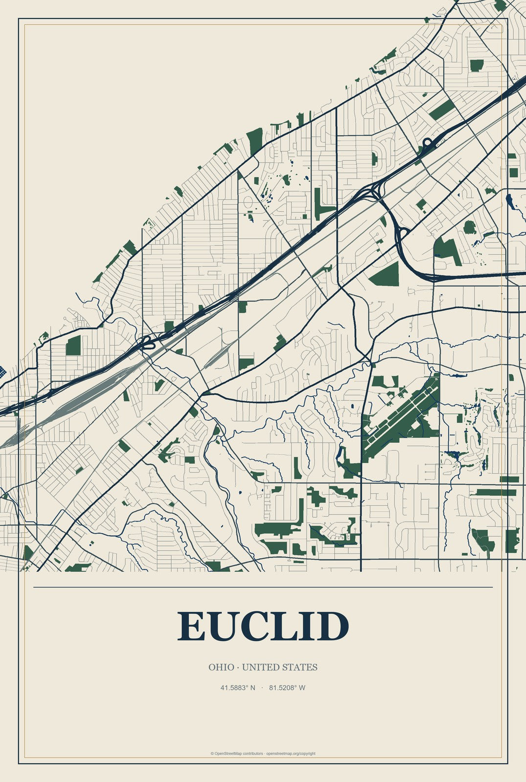 Euclid, Ohio City Map Aluminum Sign in Coastal Cutout style