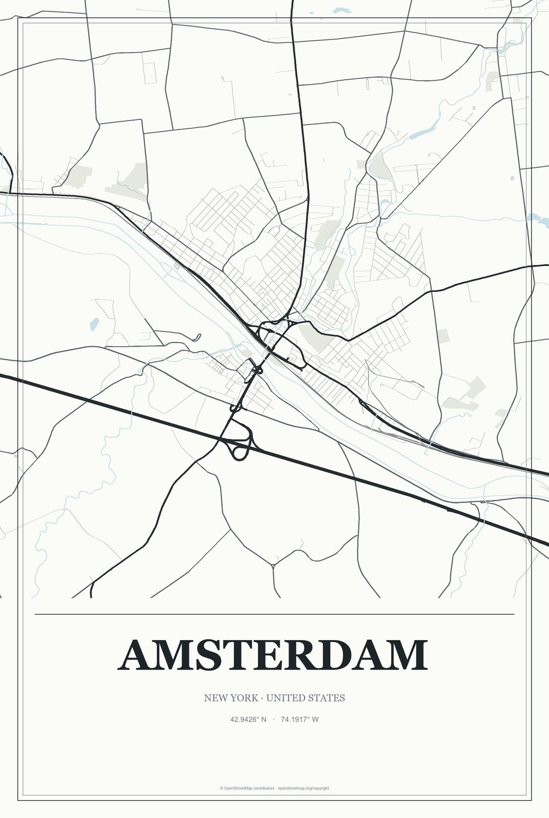 Amsterdam, New York City Map Aluminum Sign in Gallery Air style