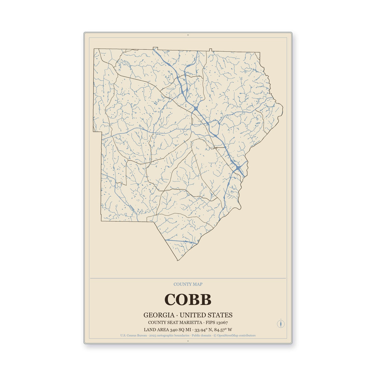 Cobb County, Georgia Map Aluminum Sign in Heritage Nautical style