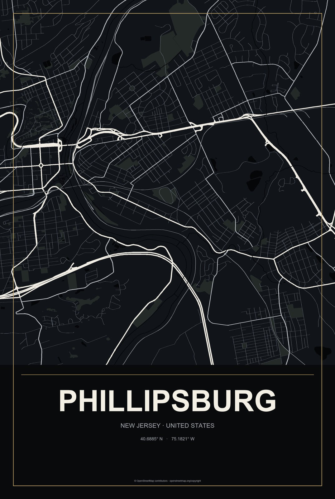 Phillipsburg, New Jersey City Map Aluminum Sign in Metropolitan Noir style