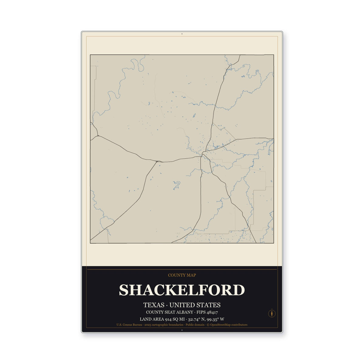 Shackelford County, Texas Map Aluminum Sign in Museum Plaque style