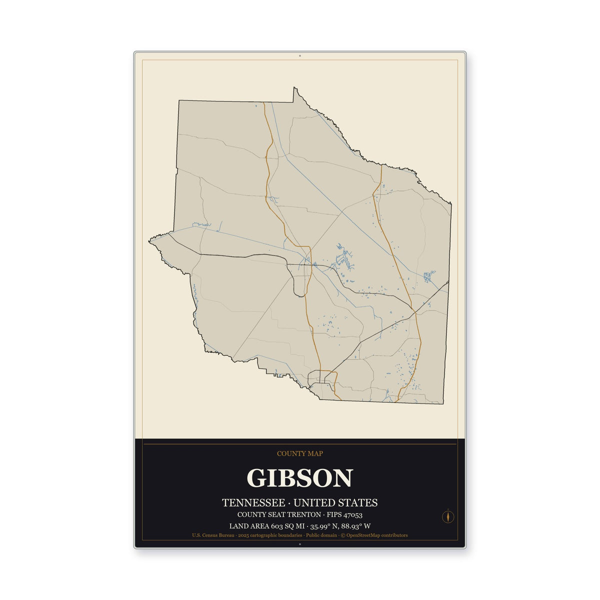 Gibson County, Tennessee Map Aluminum Sign in Museum Plaque style