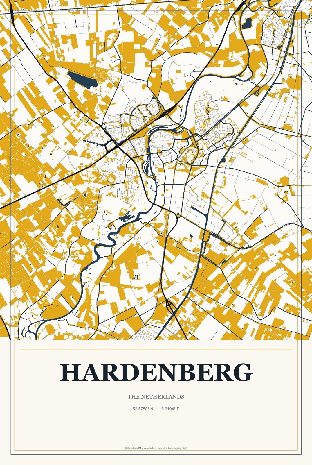 Hardenberg, The Netherlands City Map Aluminum Sign in Citrine Modern style
