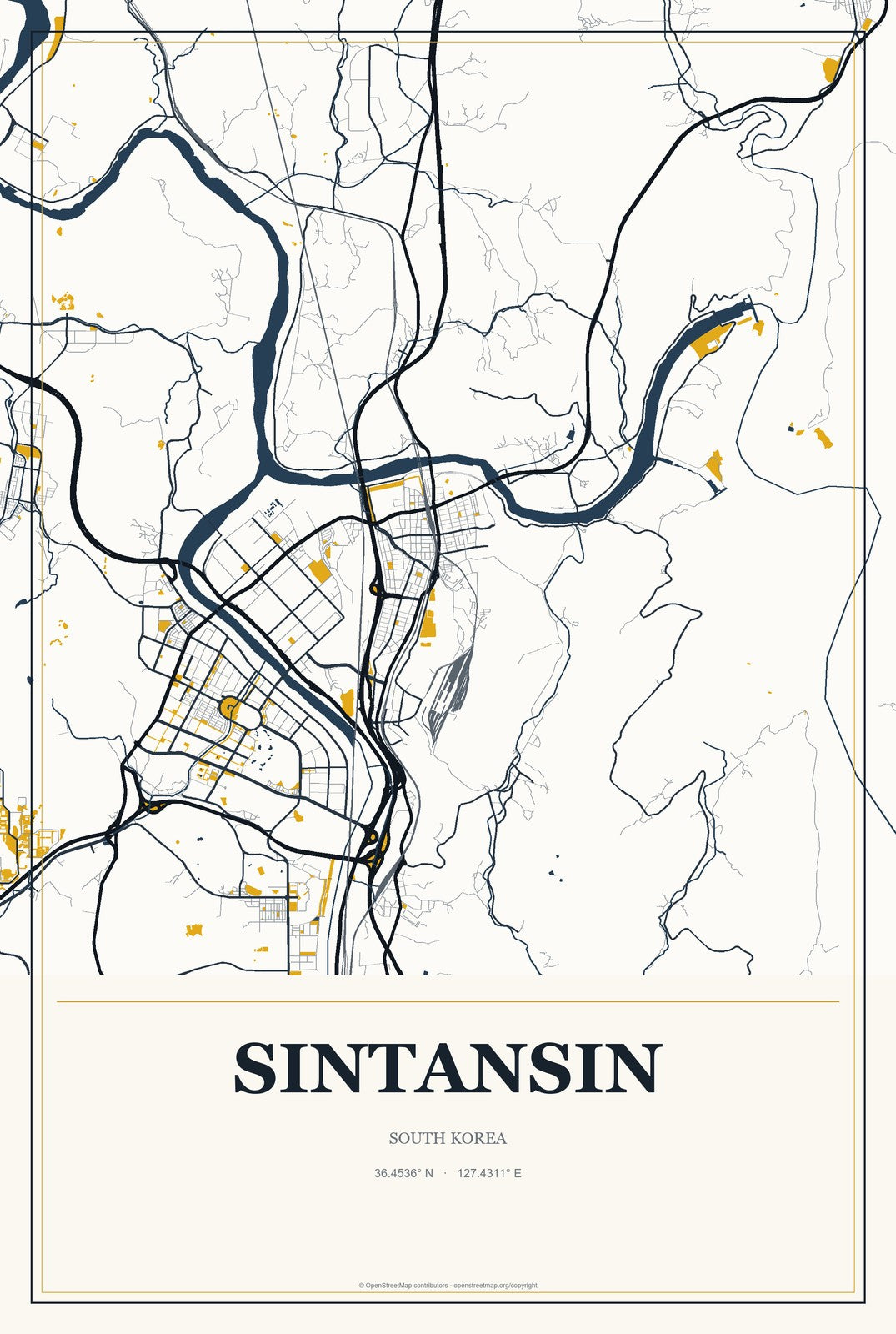 Sintansin, South Korea City Map Aluminum Sign in Citrine Modern style