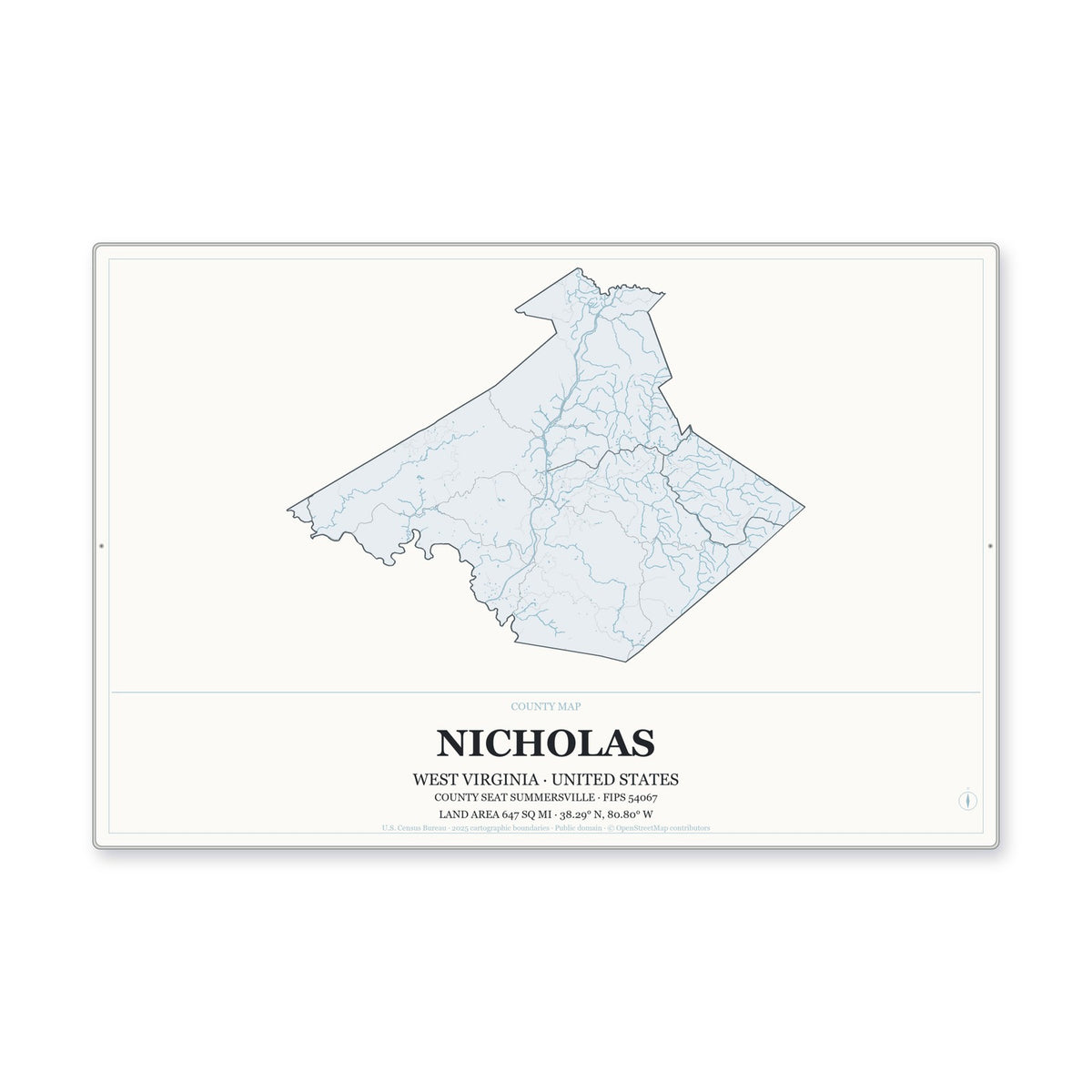 Nicholas County, West Virginia Map Aluminum Sign in Gallery Air style