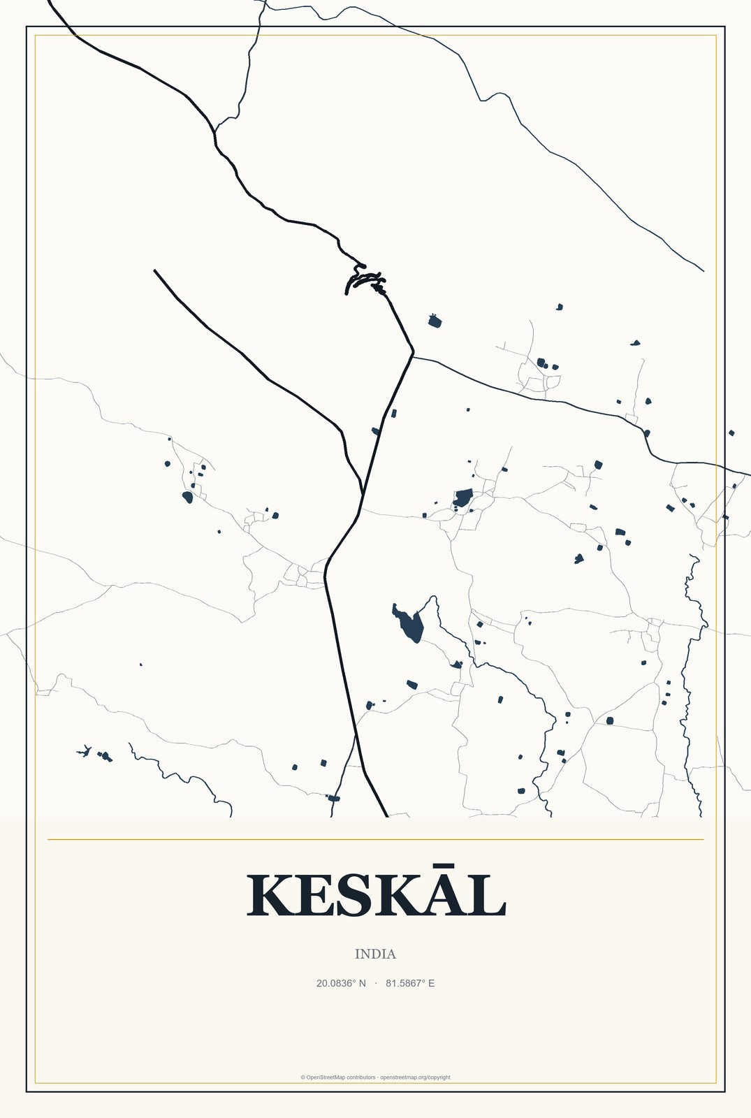 Keskāl, India City Map Aluminum Sign in Citrine Modern style