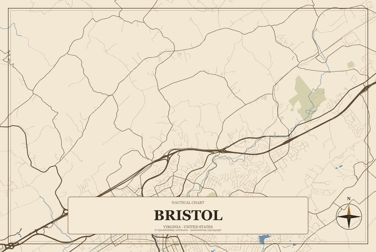 Bristol, Virginia City Map Aluminum Sign in Heritage Nautical style