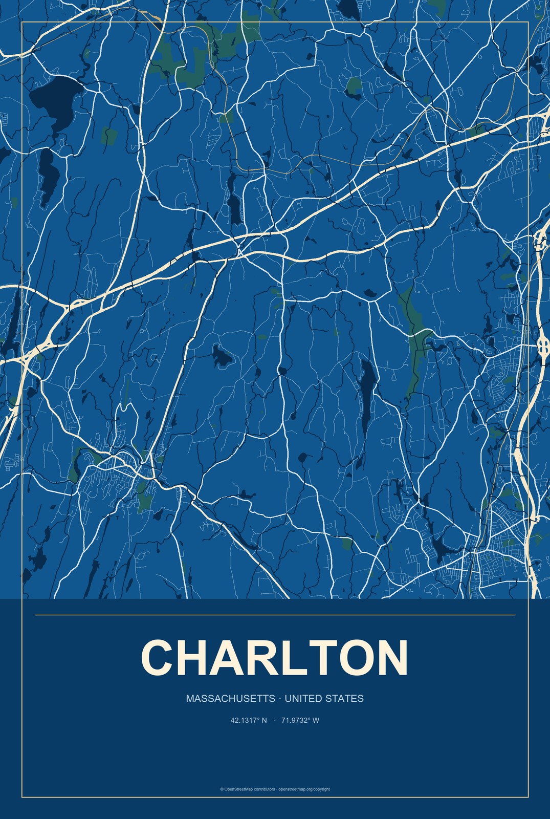 Charlton, Massachusetts City Map Aluminum Sign in Harbor Cobalt style