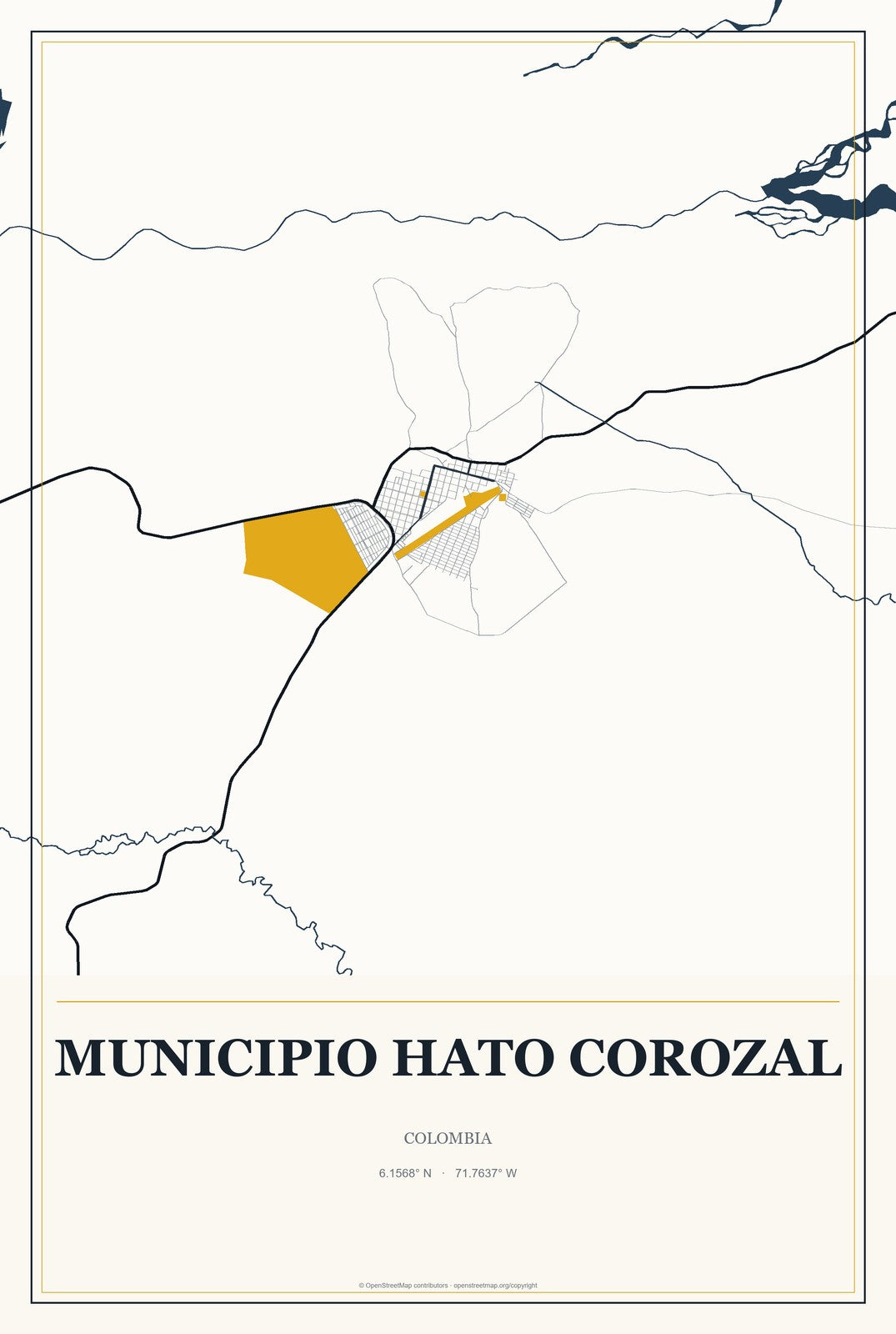 Municipio Hato Corozal, Colombia City Map Aluminum Sign in Citrine Modern style
