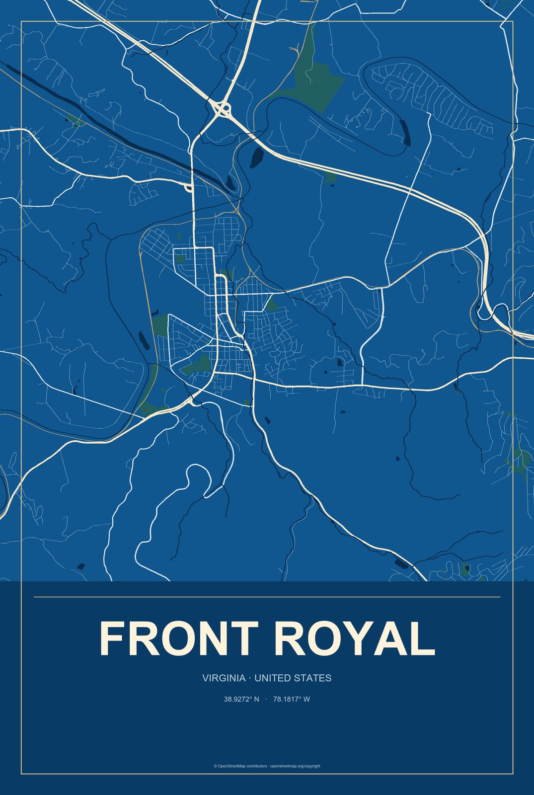 Front Royal, Virginia City Map Aluminum Sign in Harbor Cobalt style