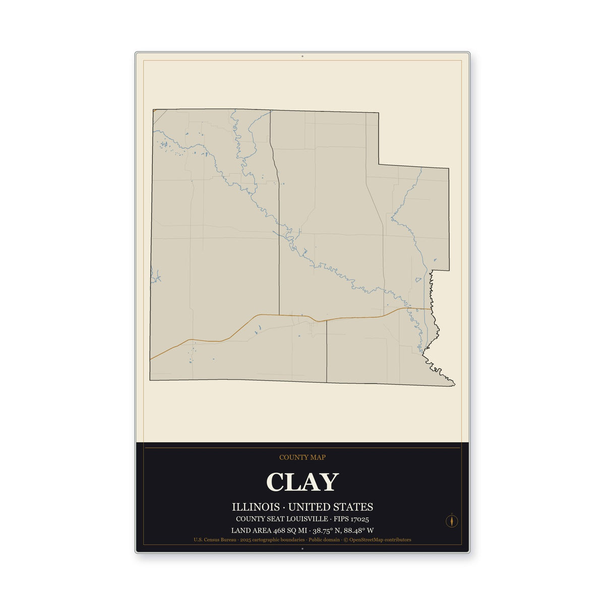 Clay County, Illinois Map Aluminum Sign in Museum Plaque style