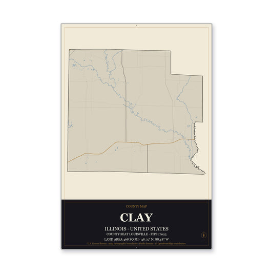 Clay County, Illinois Map Aluminum Sign in Museum Plaque style