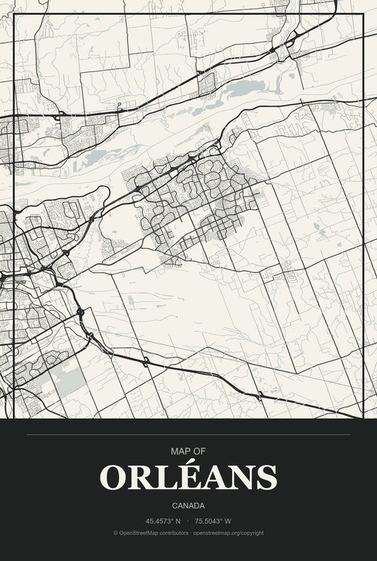 Orléans, Canada City Map Aluminum Sign in Museum Plaque style