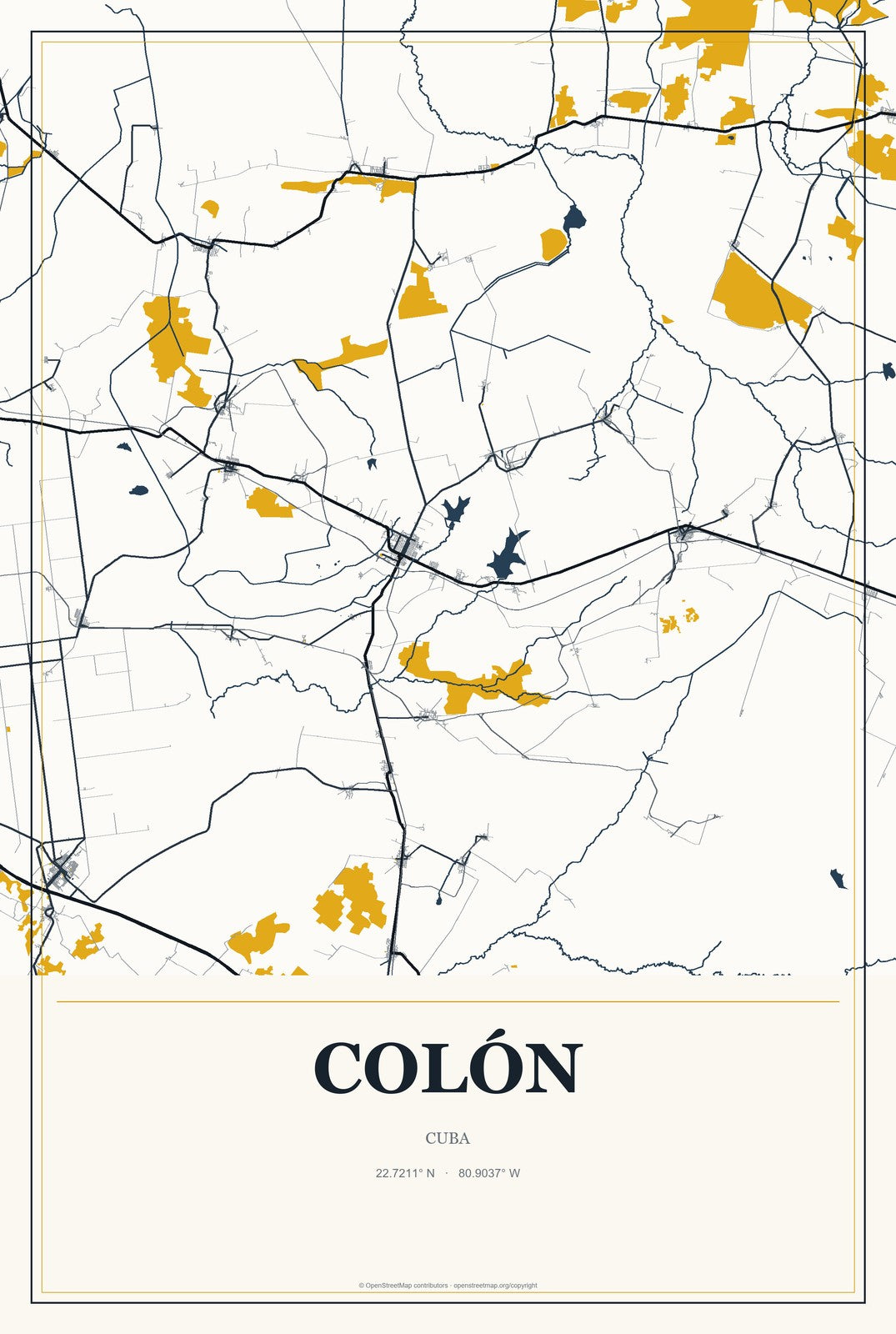 Colón, Cuba City Map Aluminum Sign in Citrine Modern style