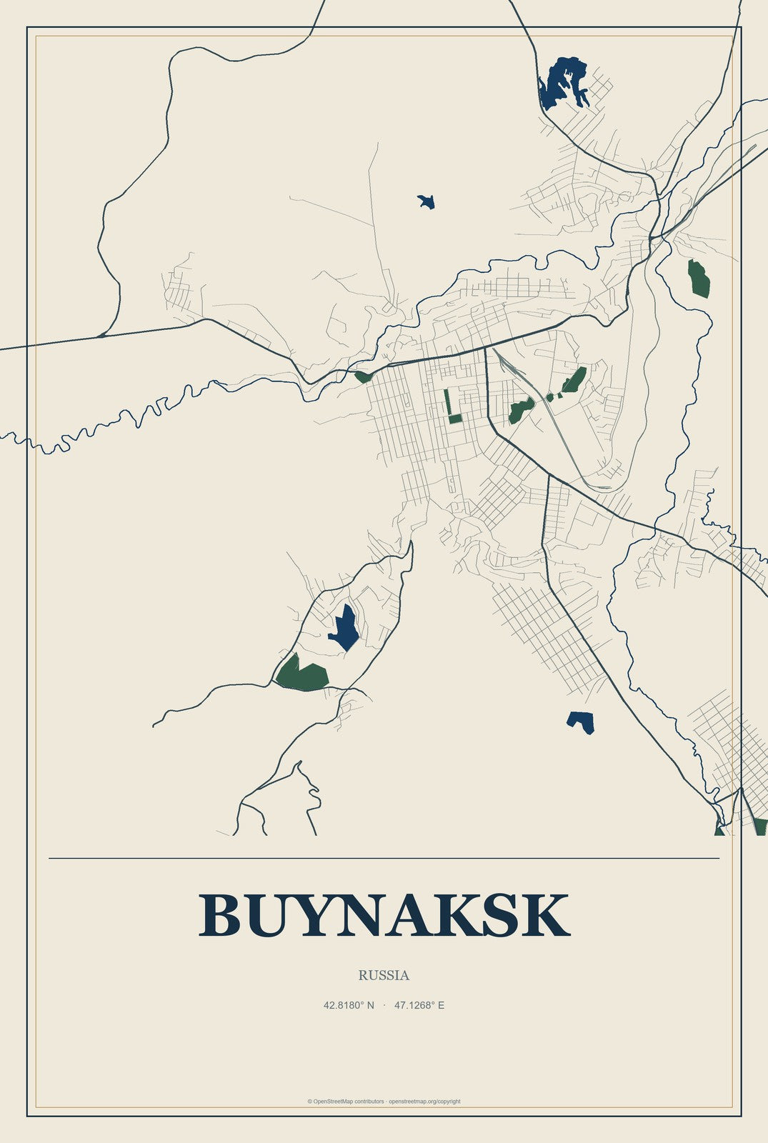 Buynaksk, Russia City Map Aluminum Sign in Coastal Cutout style